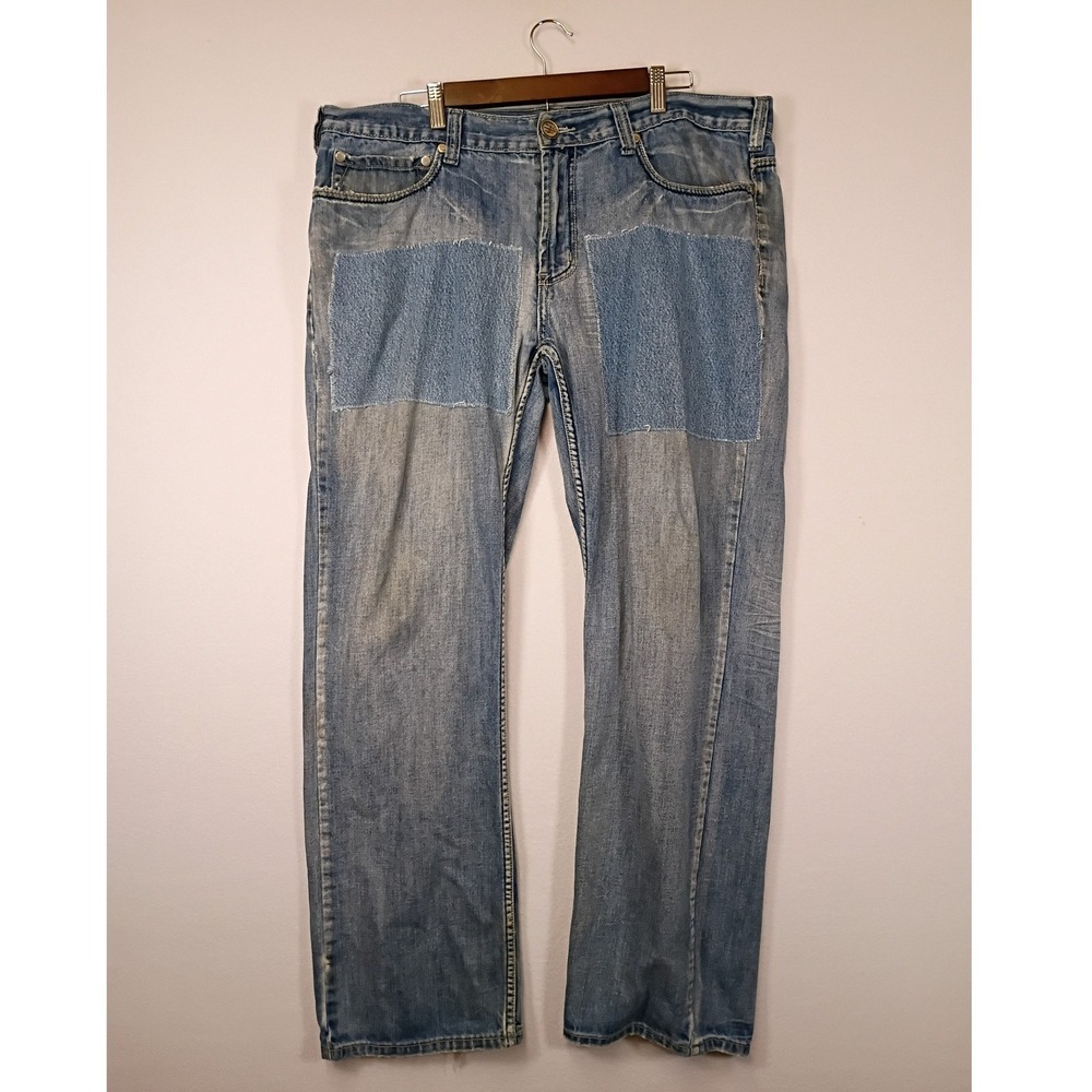 Grunge Y2K Helix Mens 38x32 Blue Patchwork Distressed Straight Leg Jeans